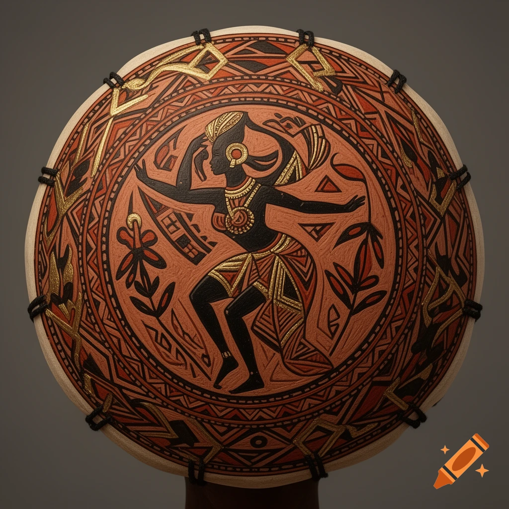 A decorative African drum or shield with a stylized black and gold dancer figure and geometric patterns on a reddish-brown background.