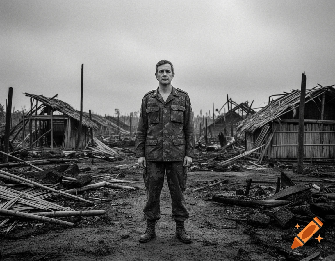 A man in military uniform stands amidst the ruins of a destroyed village under a somber sky, in a black and white photograph.
