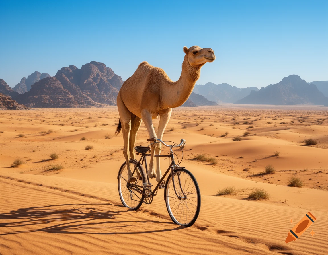 A photorealistic image of a camel riding a bicycle through a vast, sandy desert with mountains in the background.