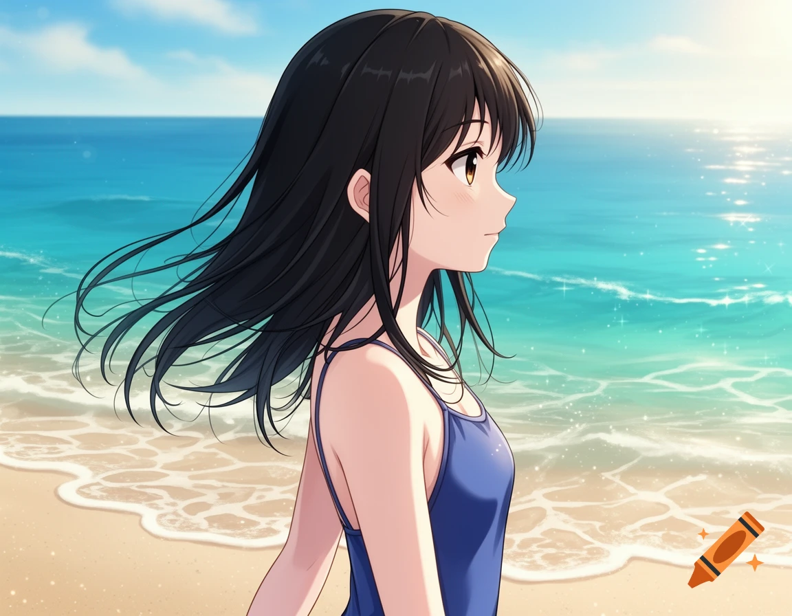 Anime girl with dark hair in a blue swimsuit stands on a sandy beach looking at the sparkling blue ocean.