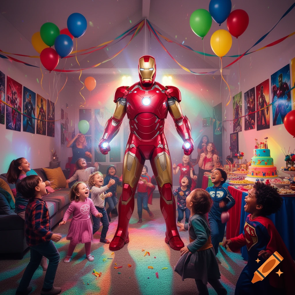 Excited children at a colorful birthday party, cheering around a large, luminous Iron Man suit in a living room filled with balloons and a cake.