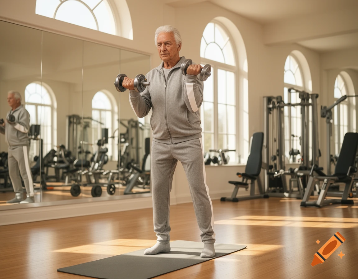 An elderly man in a gray tracksuit lifts dumbbells in a well-lit gym, with his reflection visible in a mirror.