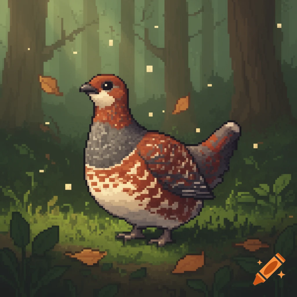 A pixel art grouse with brown, white, and gray plumage stands in a lush green forest with falling leaves.