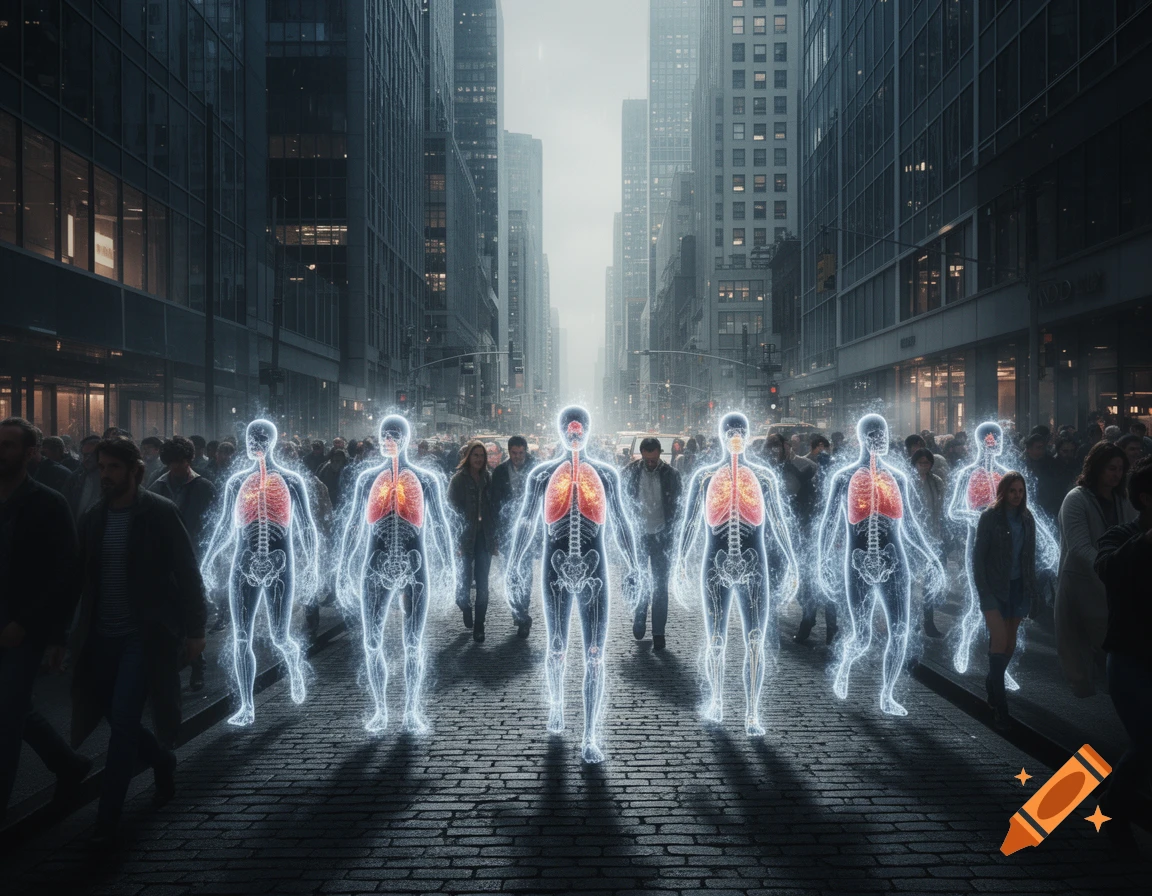 A crowd of people walks in a modern city street, with several figures revealing glowing blue skeletal structures and red lungs, symbolizing air pollution.