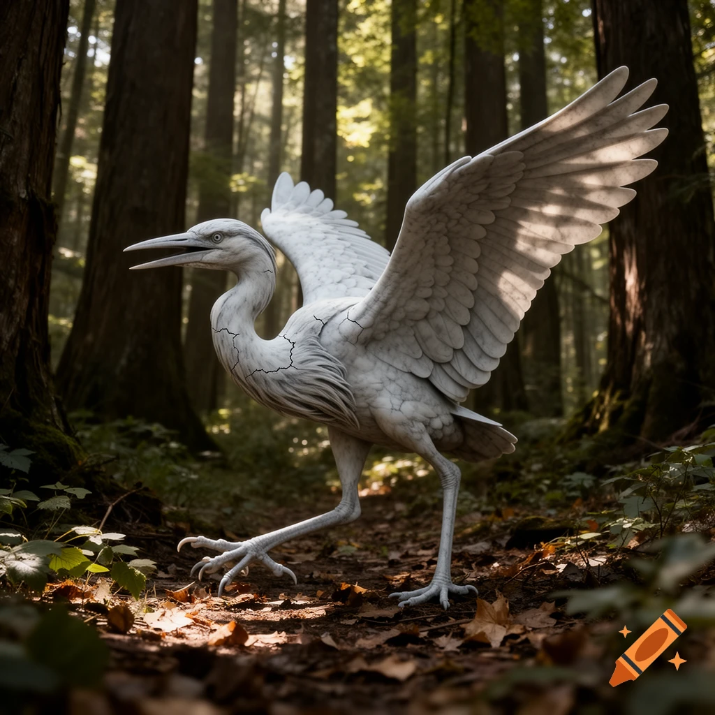Photorealistic image of a stone heron statue in an elegant attack pose with outstretched wings and legs, standing on a forest path with dappled sunlight.