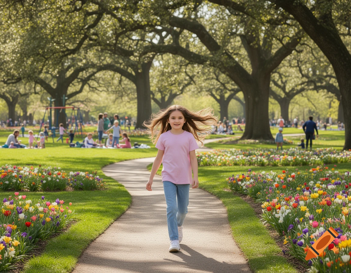 A young girl with long brown hair walks down a sunny park path lined with colorful flowers, with trees and people in the background.