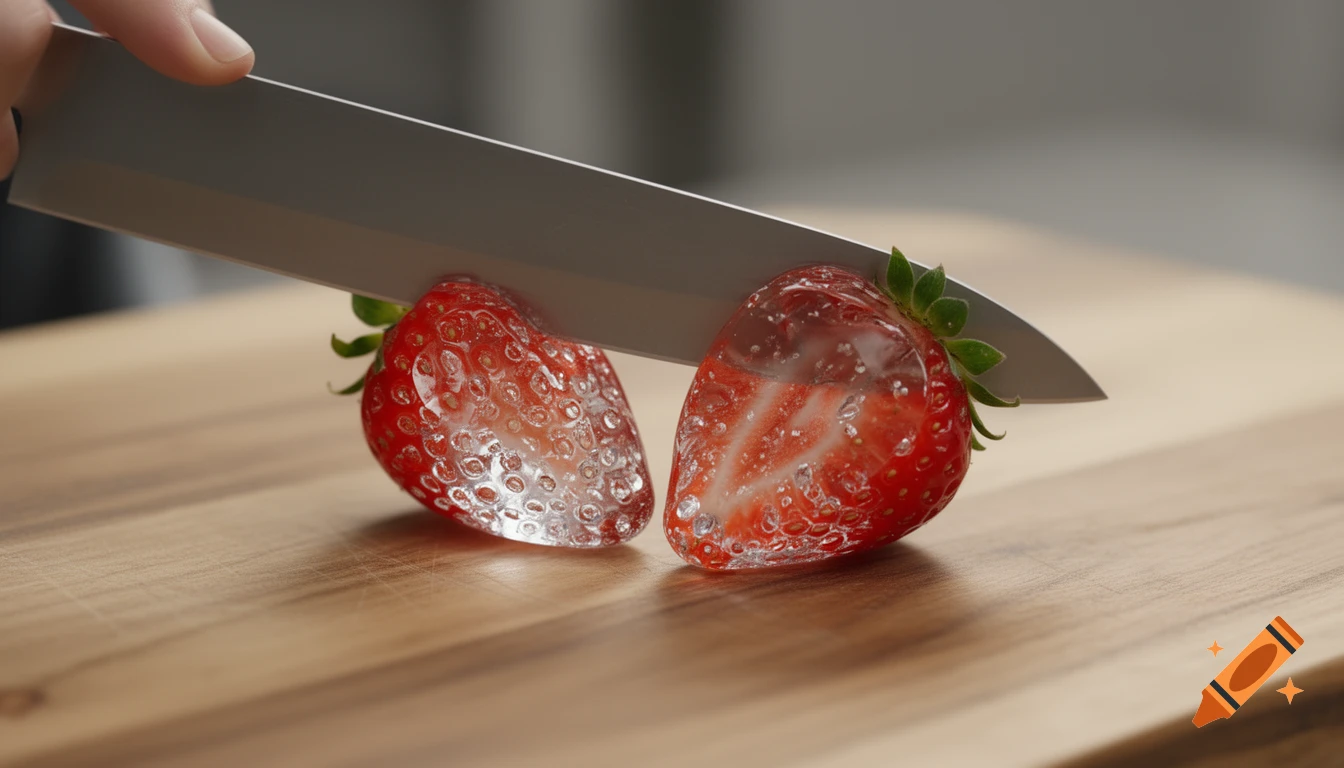 A crystal-clear glass strawberry being sliced by a sharp chef's knife on a wooden cutting board, with light refractions.