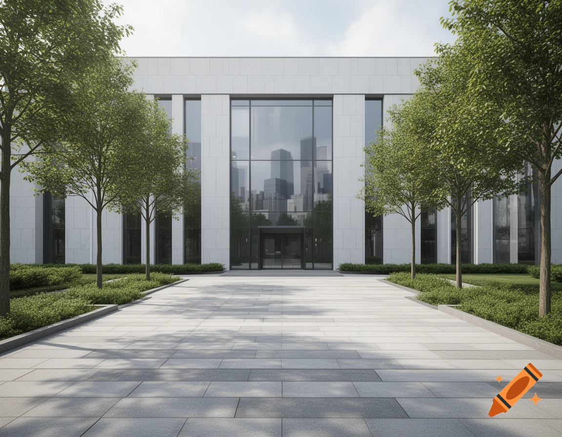 Photorealistic image of a modern building with a large glass facade, framed by green trees and a paved forecourt.