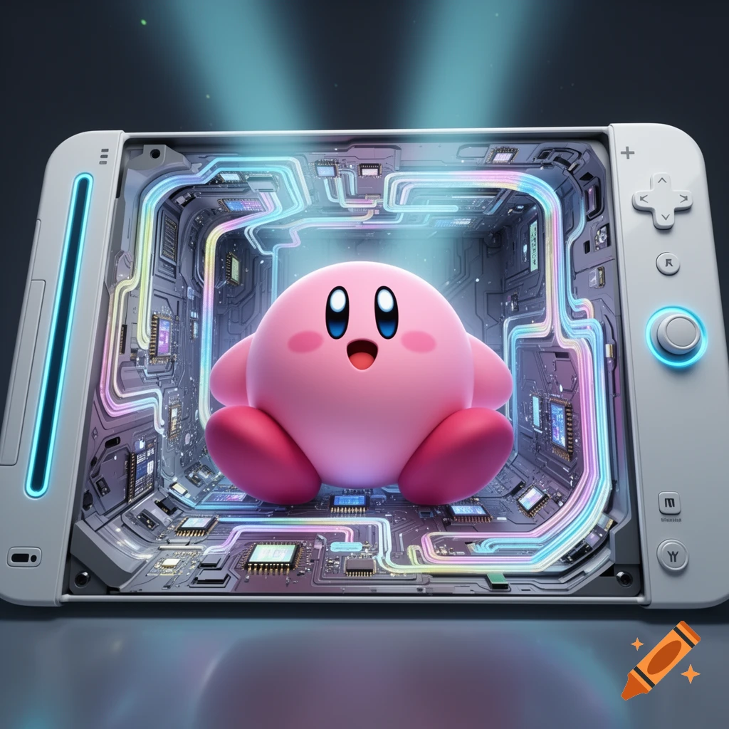 A cute pink Kirby sits inside a disassembled Nintendo Wii console, surrounded by glowing circuit boards and neon lights.