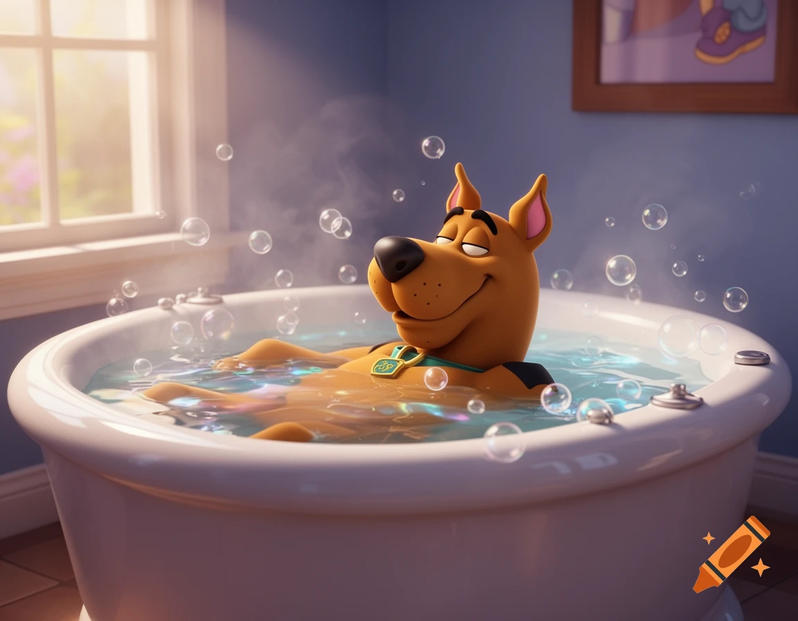 Scooby-Doo relaxing chest-deep in a steaming bubble bath, depicted in a bright 3D animated style.