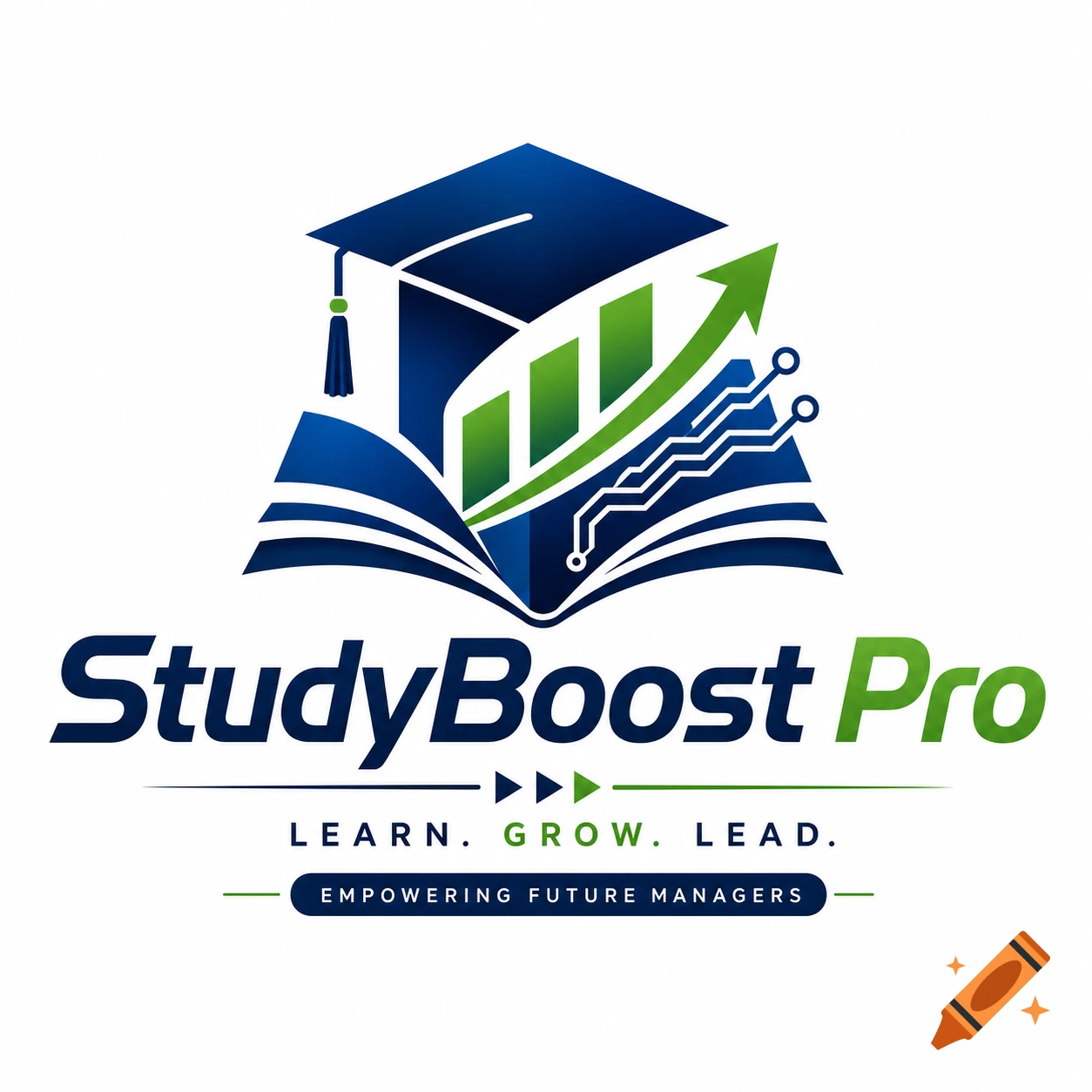 StudyBoost Pro logo with a blue graduation cap, open book, green bar graph with an upward arrow, and circuit lines. Below is text "LEARN. GROW. LEAD." and "EMPOWERING FUTURE MANAGERS".