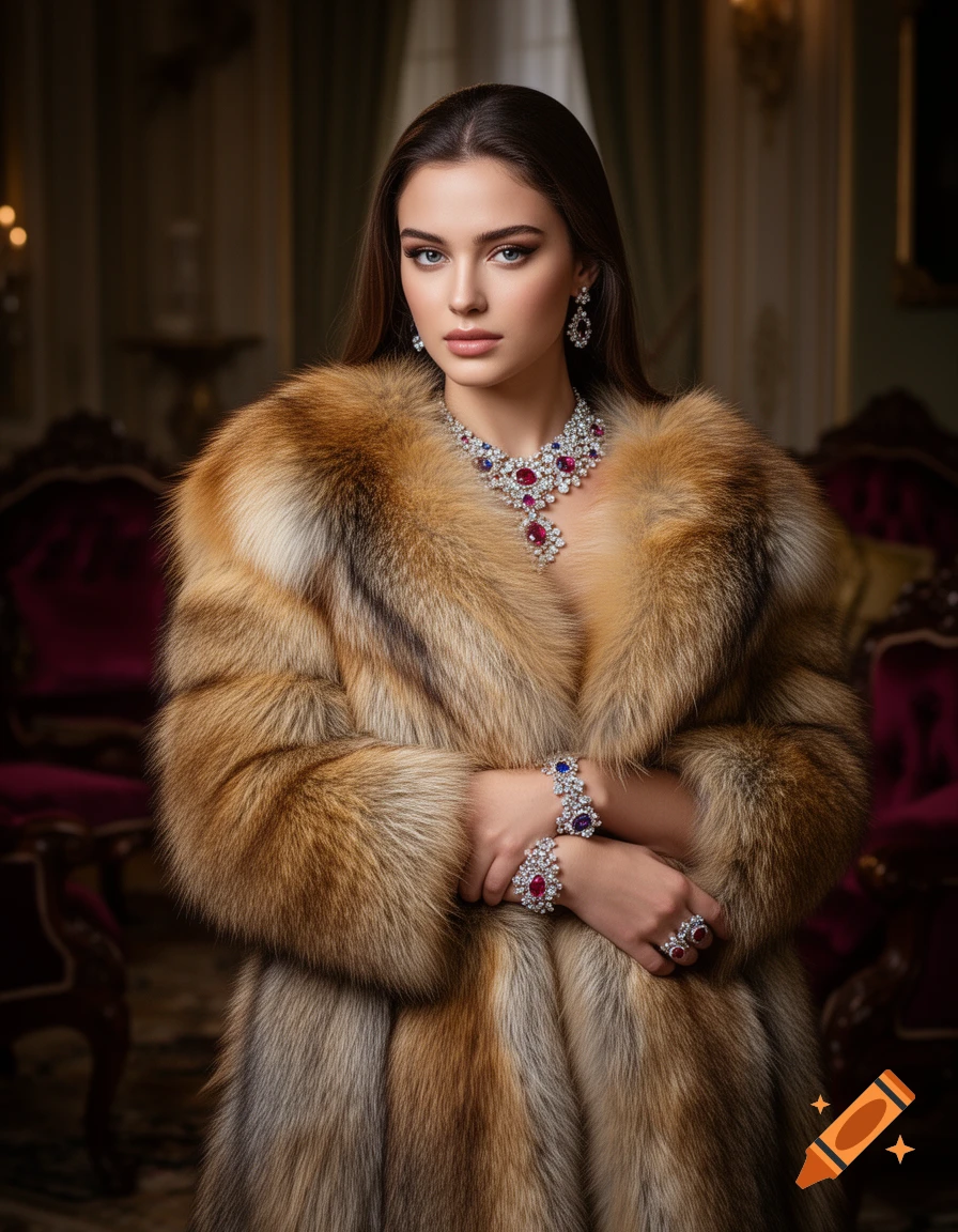 Photorealistic portrait of a young woman in a luxurious fur coat, adorned with elaborate gemstone jewelry in a lavish room.