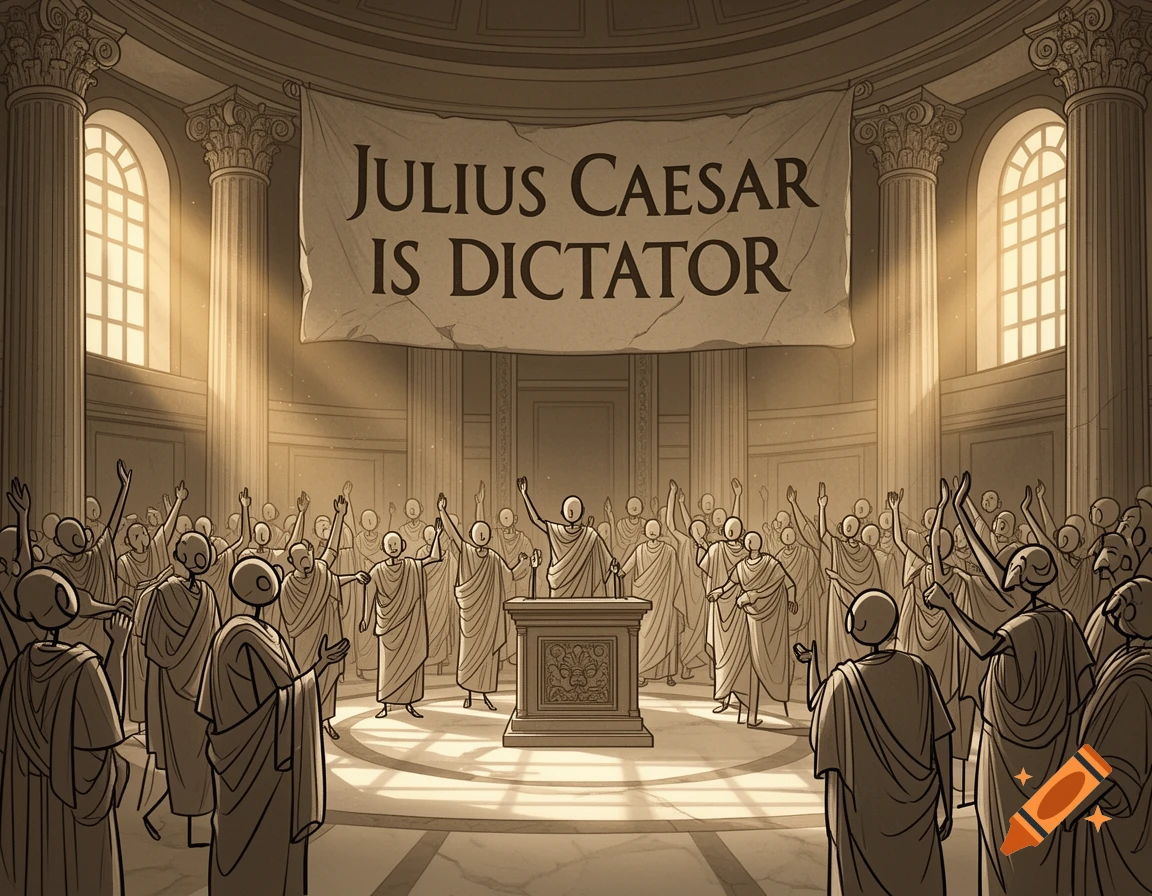 Stick figure Roman senators in a grand hall beneath a banner reading "JULIUS CAESAR IS DICTATOR", illustrated.