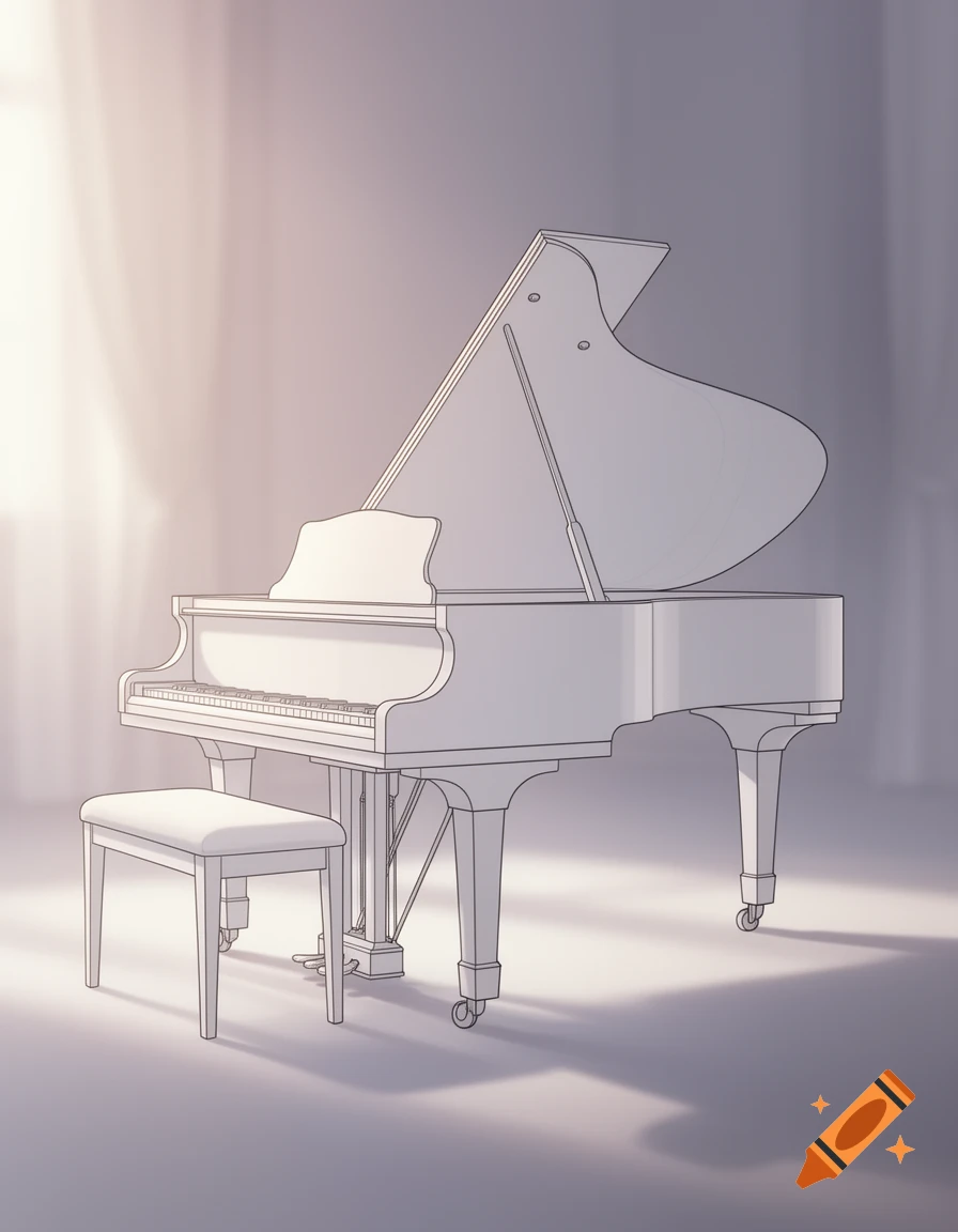 Line art illustration of a grand piano with a bench, bathed in soft light.