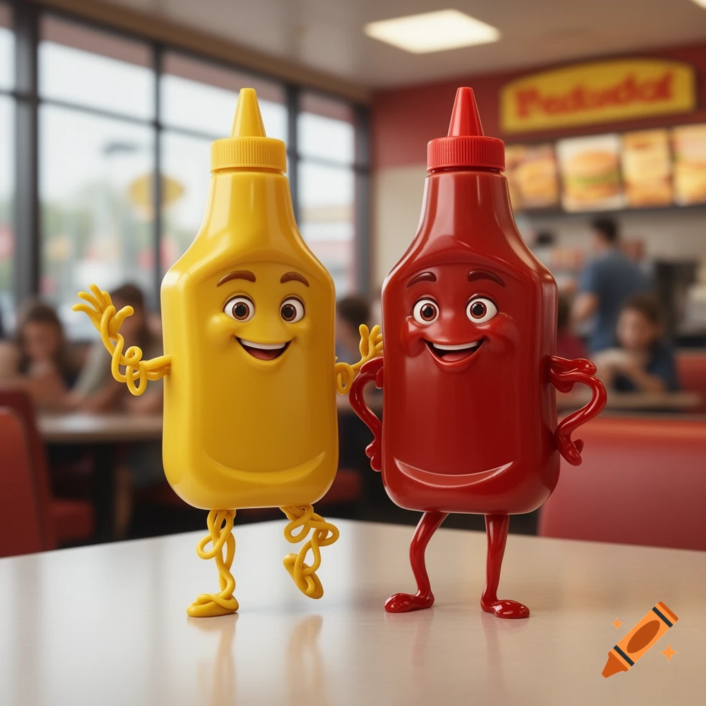 Two smiling, anthropomorphic mustard and ketchup bottles with arms and legs stand on a table in a restaurant.