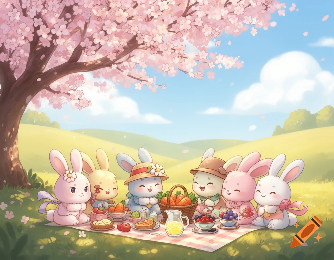 Six cute chibi cartoon rabbits have a picnic under a pink cherry blossom tree in a sunny green field.
