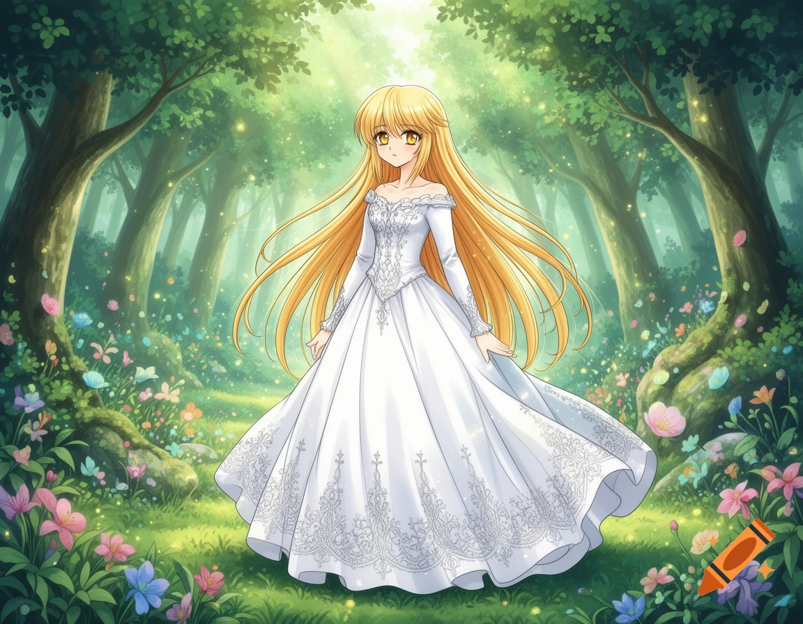 An anime girl with long blonde hair in a white dress stands in a magical forest with glowing flowers and sunlight.