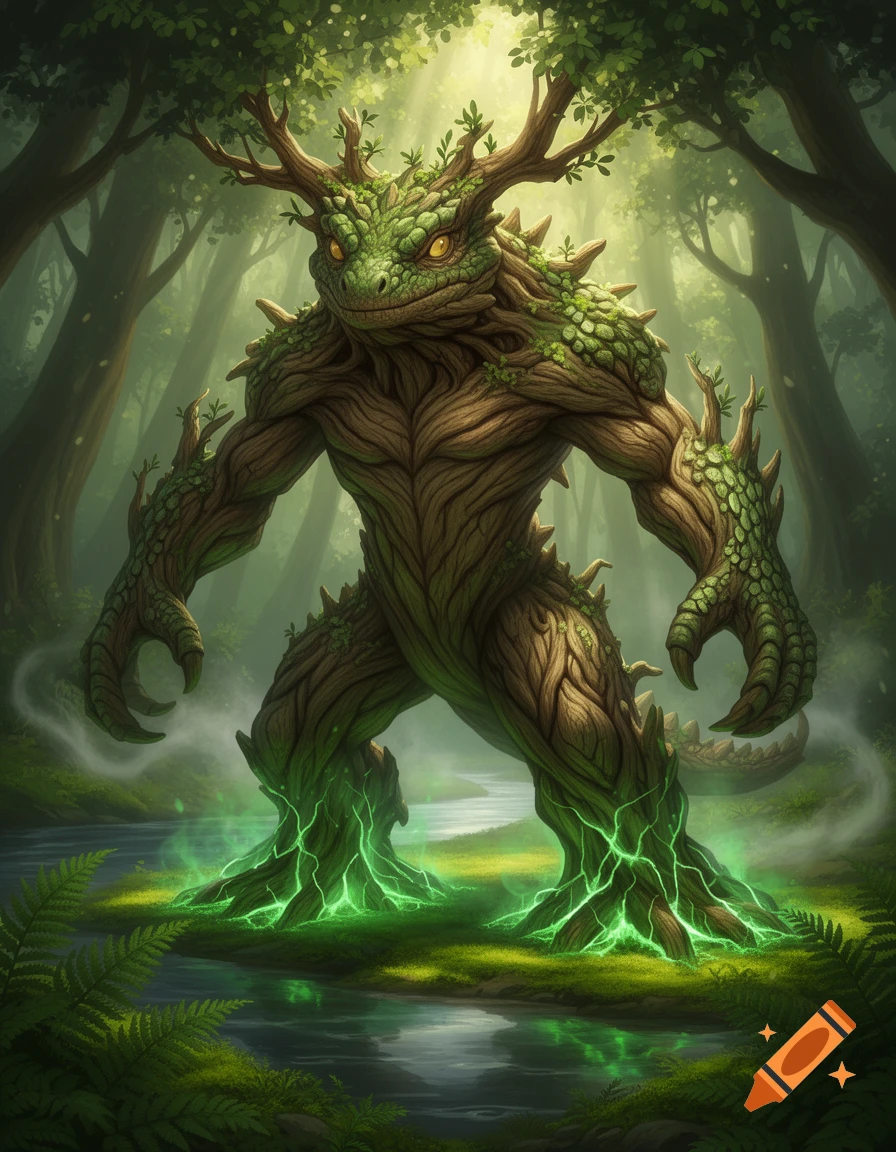 A reptilian tree-like creature with bark skin, green scales, and antlers, stands in a misty forest with glowing green energy around its feet.