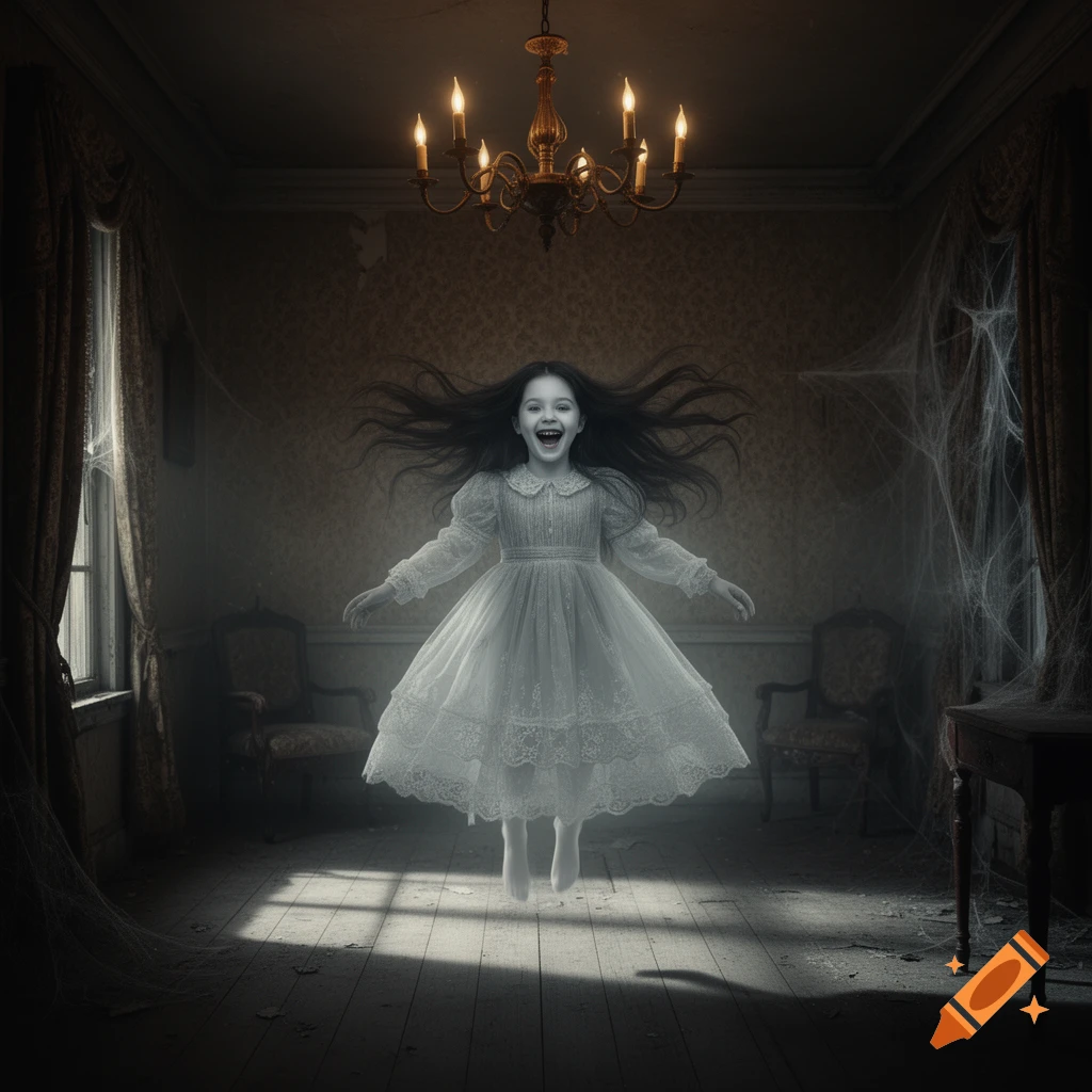 A creepy ghost girl in a white dress with a wide smile floats in a dark, abandoned room with cobwebs and a chandelier.