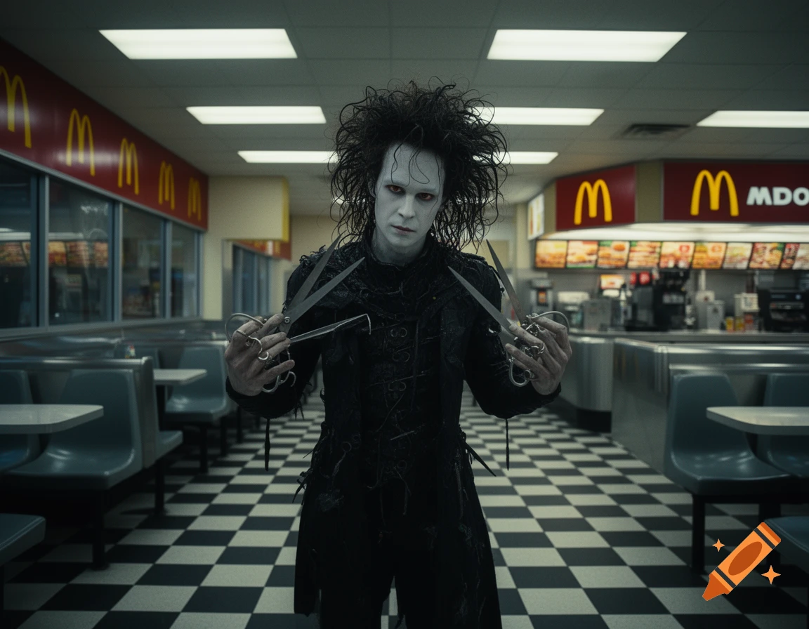 Edward Scissorhands stands in a dimly lit McDonald's restaurant with a checkered floor, holding his scissor-hands up.