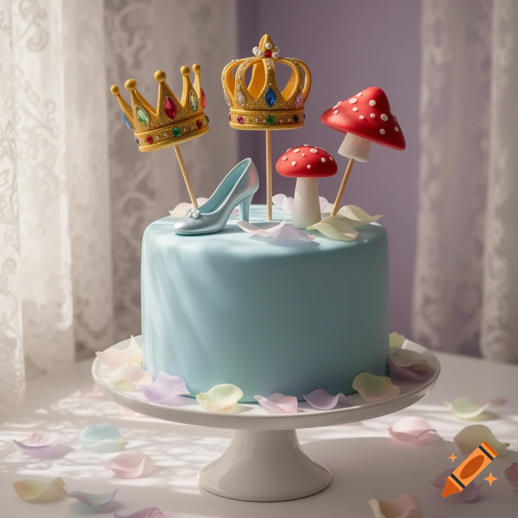 Light blue single-tier cake on a white stand, adorned with golden crowns, a silver high-heel shoe, and red mushrooms, surrounded by pastel petals, photorealistic.