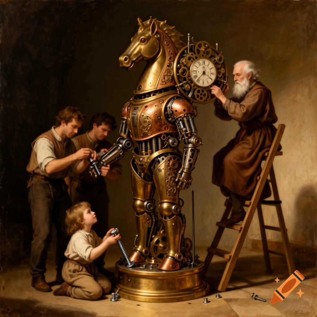 A Renaissance-style oil painting shows three generations of men assembling a large, intricate brass and copper automaton horse, featuring gears and a clock.