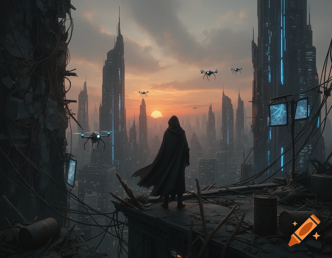 A cloaked figure stands on a ruined rooftop, gazing at a sprawling cyberpunk city with towering buildings and flying drones during sunset.