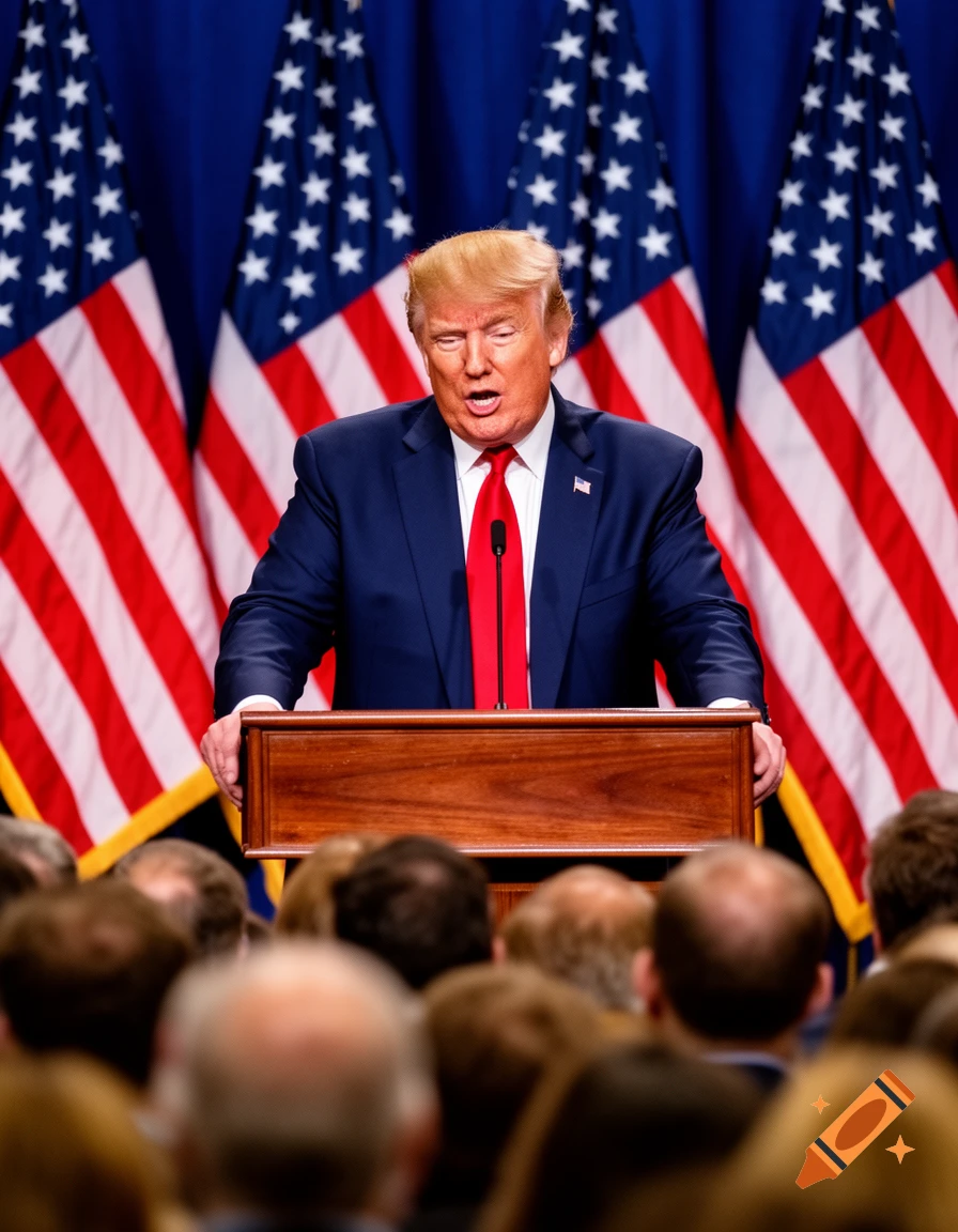 Donald Trump speaks at a wooden podium in front of three American flags, facing an audience. Photorealistic style.