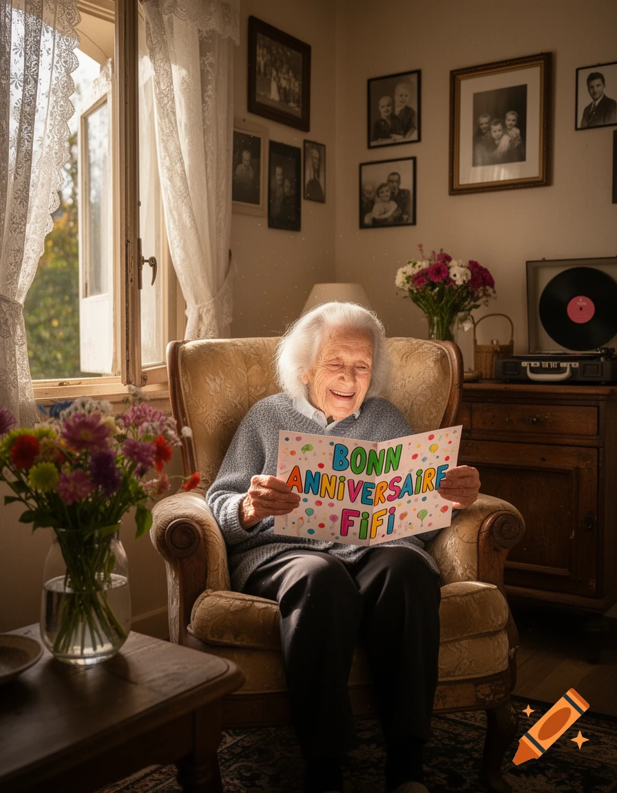 An elderly woman smiling joyfully while holding a colorful 'BONN ANNIVERSAIRE FIFI' birthday card in a cozy sunlit room.