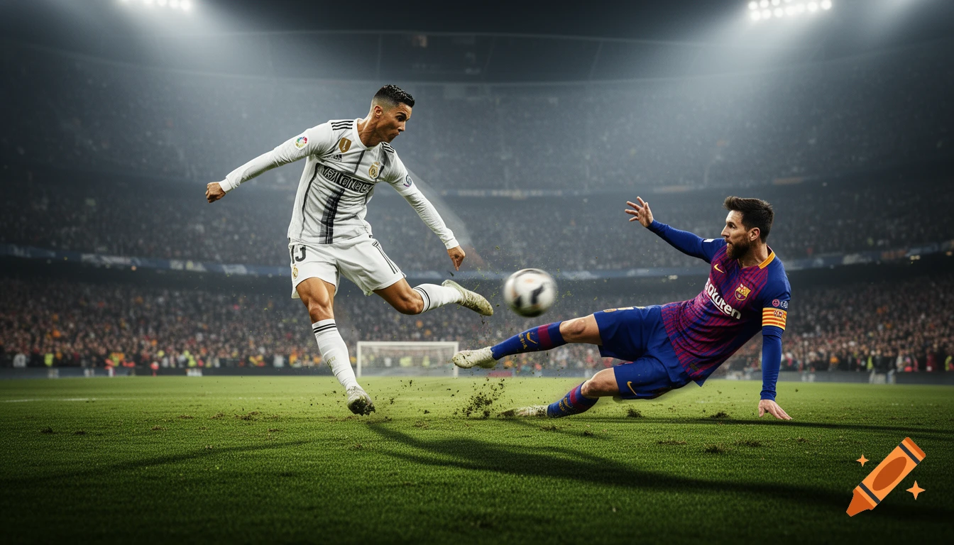 Photorealistic image of Cristiano Ronaldo in a white jersey kicking a soccer ball past Lionel Messi in a blue and red jersey, on a green stadium field with a crowd in the background.