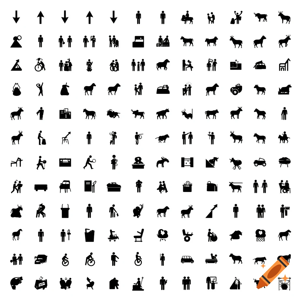 A grid of numerous black pictograms depicting human figures, animals, and objects on a white background.