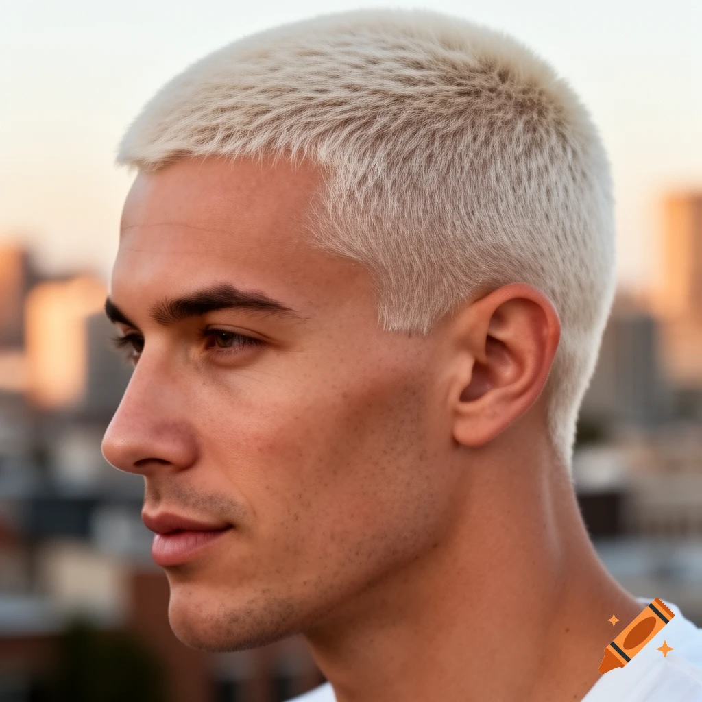Close-up profile of a man with a blonde buzz cut hairstyle, looking left against a blurred city skyline at sunset.