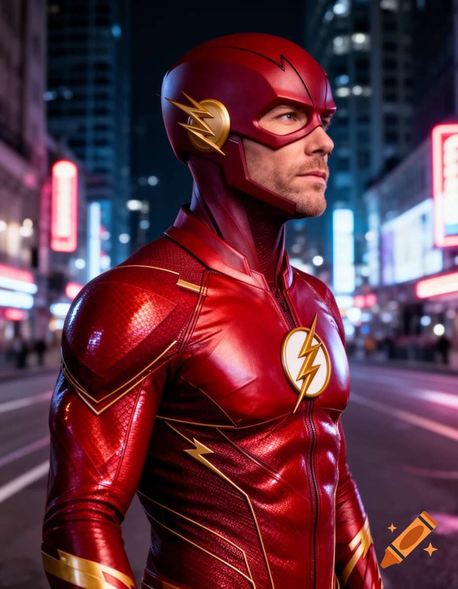 A photorealistic depiction of The Flash in his red suit, with a gold lightning bolt emblem, standing in a blurry city street at night.