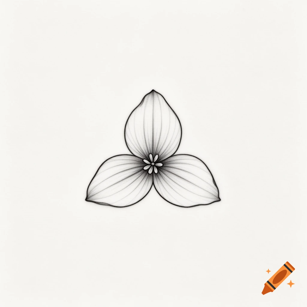 Minimalist black and white line drawing of a three-petaled trillium flower on a white background.