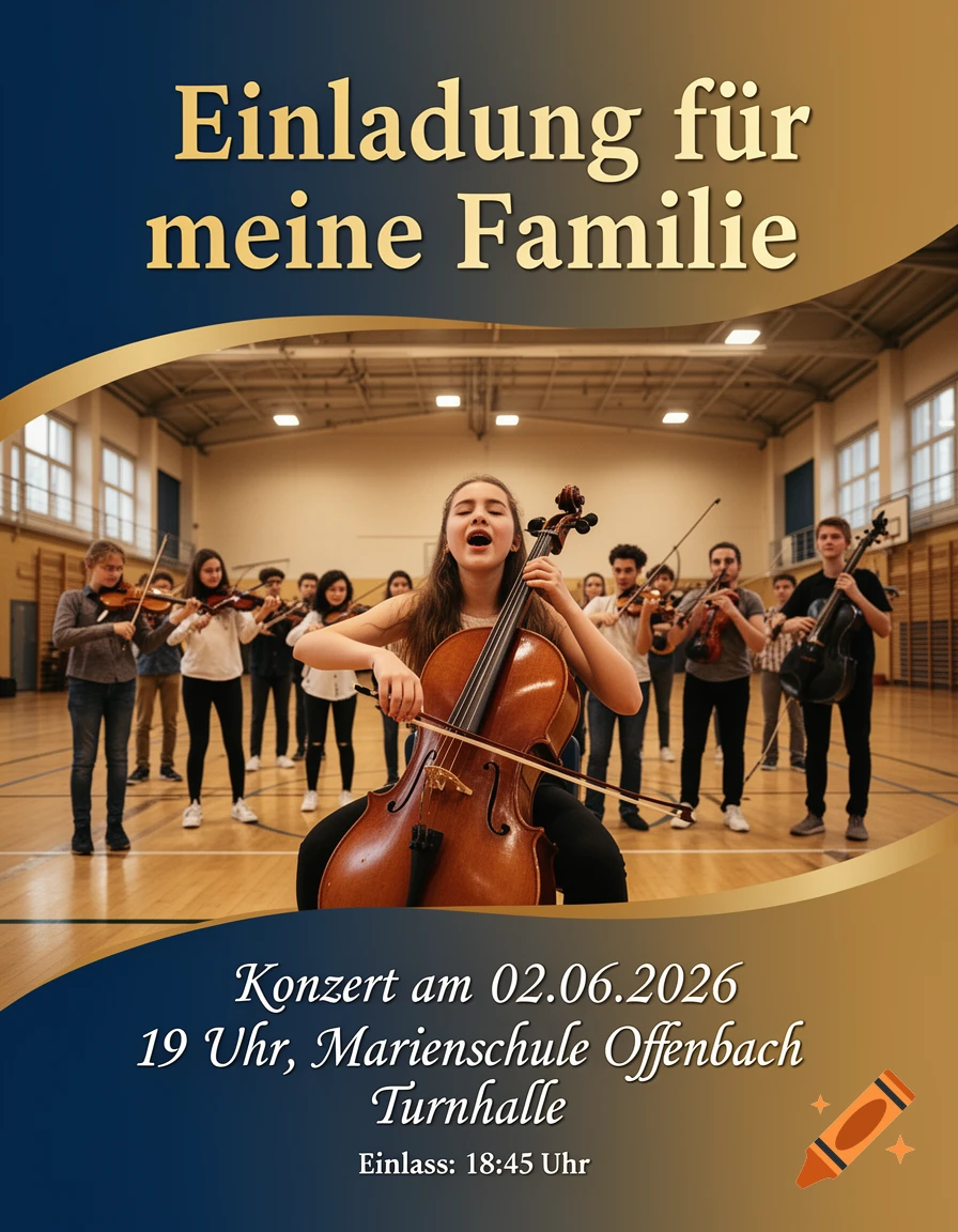 A concert flyer with a girl playing cello and singing at the center, surrounded by other students playing string instruments in a gymnasium. Text on the flyer announces a concert invitation, date, time, and location.