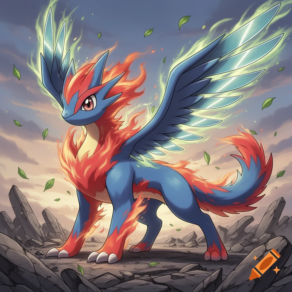 An anime-style blue and red winged fantasy creature with fire around its neck and glowing light blue wings stands on rocky ground.