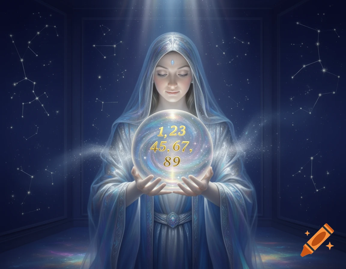 A serene woman in a hooded robe holds a glowing crystal ball with lottery numbers, surrounded by constellations.