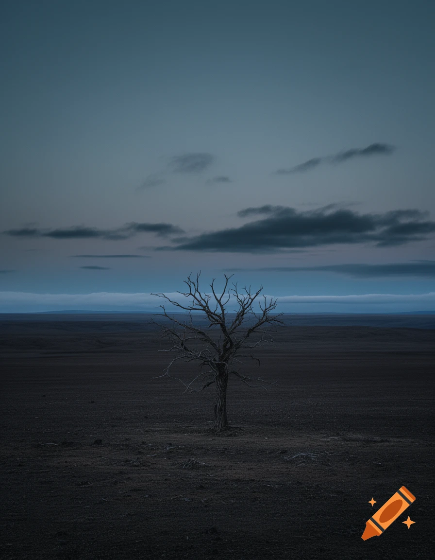 A bare, solitary tree stands in a dark, desolate landscape under a cloudy, twilight sky with blue hues.