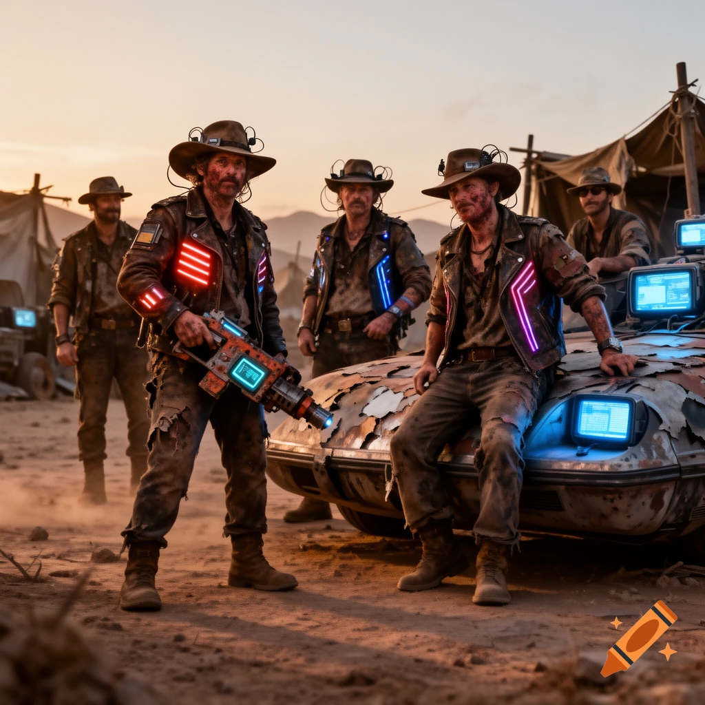 A group of rugged men in a dusty, post-apocalyptic wasteland. They wear hats, dirty clothes, and jackets with neon lights, standing around a rusty car. One man holds a glowing sci-fi rifle.