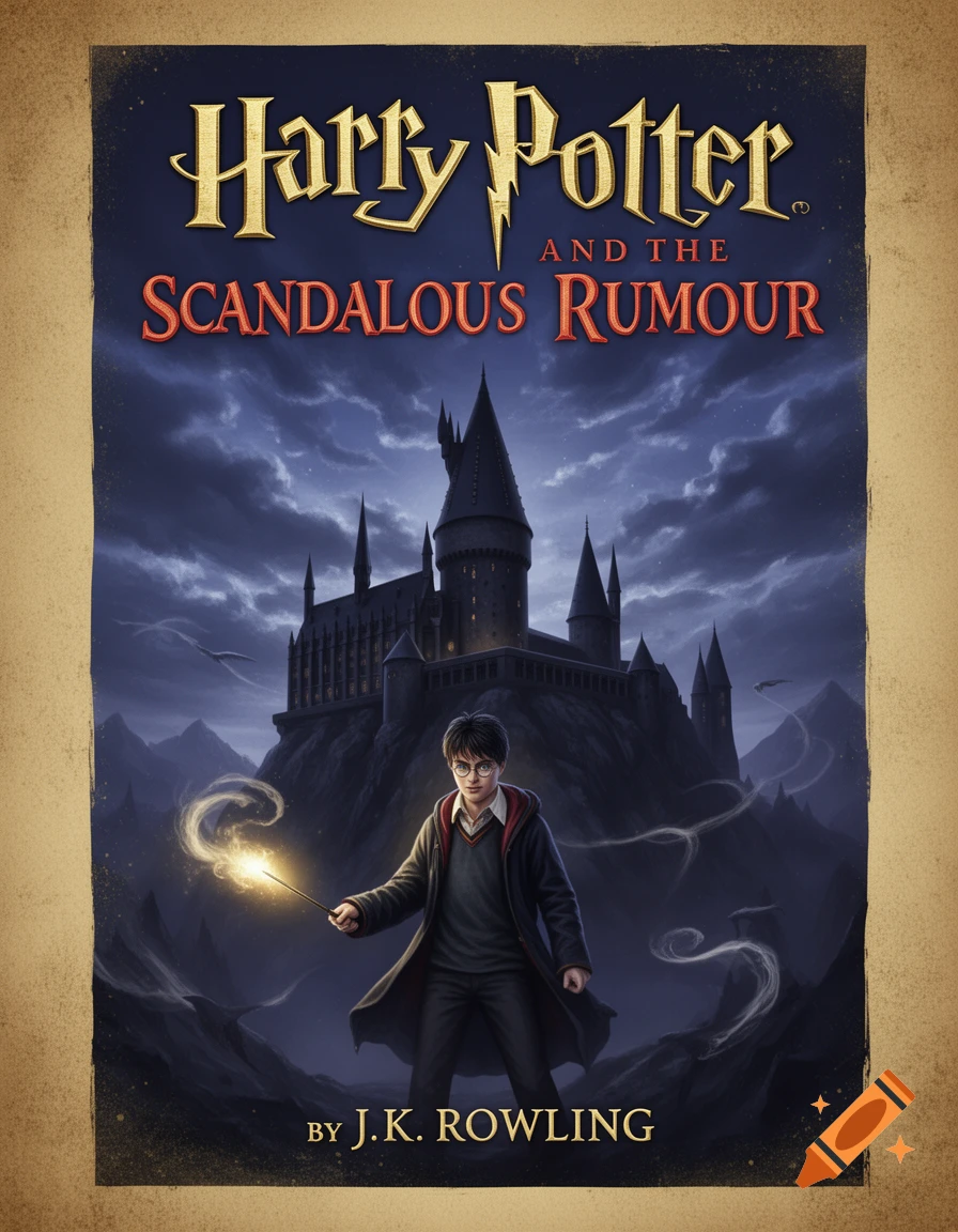 Illustrated book cover for 'Harry Potter and the Scandalous Rumour' featuring Harry Potter with a glowing wand in front of Hogwarts castle at night.