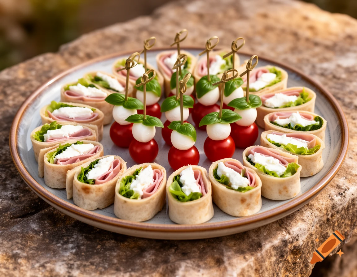 A plate of ham and cream cheese wraps with lettuce and Caprese skewers on a stone surface.