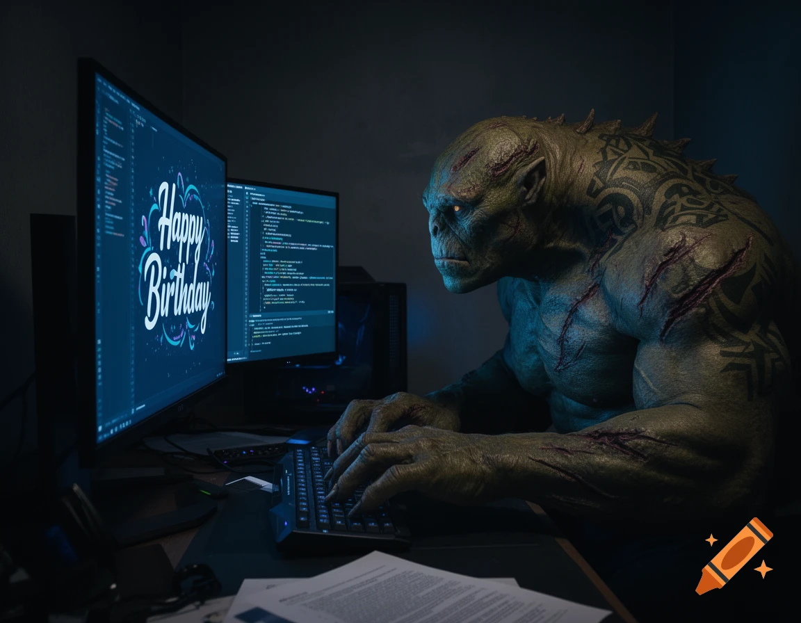A muscular, green monster with tattoos and scars types on a keyboard, with one computer screen displaying "Happy Birthday" and another showing code.