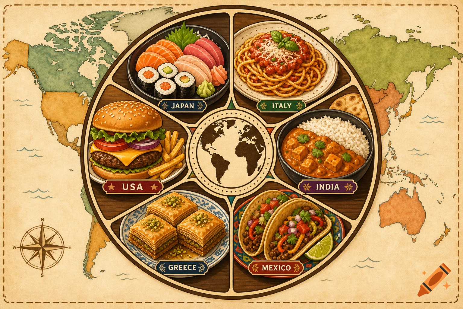 An illustrated world map with a central wooden wheel showcasing six national dishes: sushi, spaghetti, hamburger, paneer curry, baklava, and tacos.