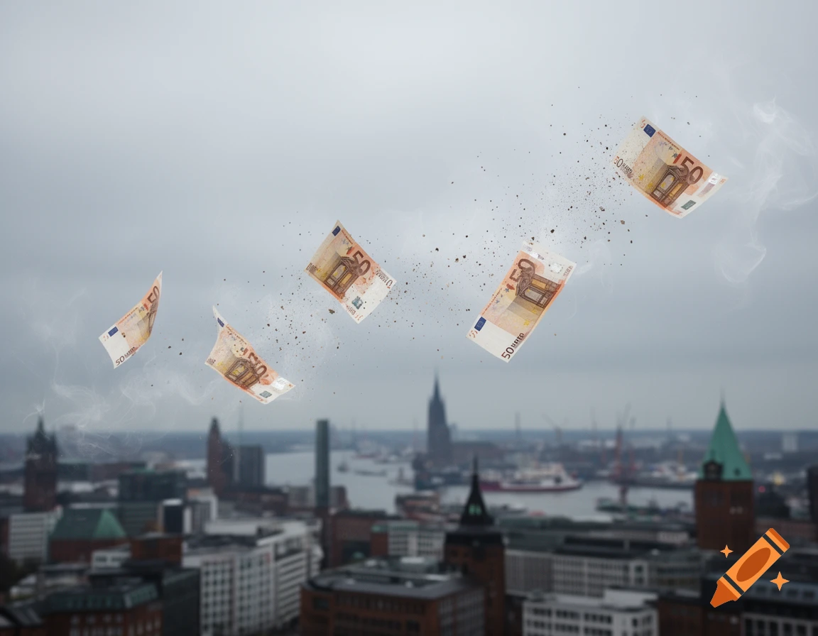 Photorealistic image of 50 Euro banknotes floating and dispersing like dust over a blurred city skyline.
