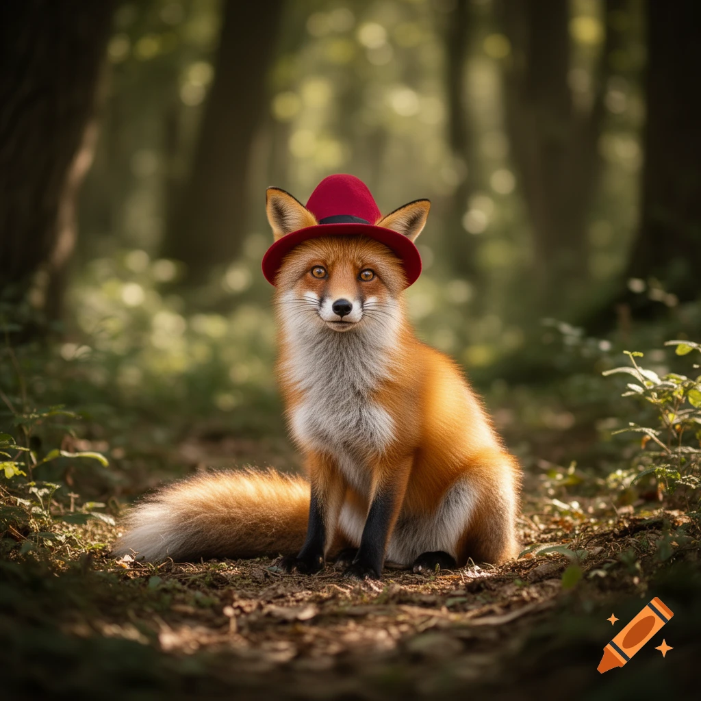 A photorealistic fox wearing a red hat sits on the forest floor, looking directly forward.