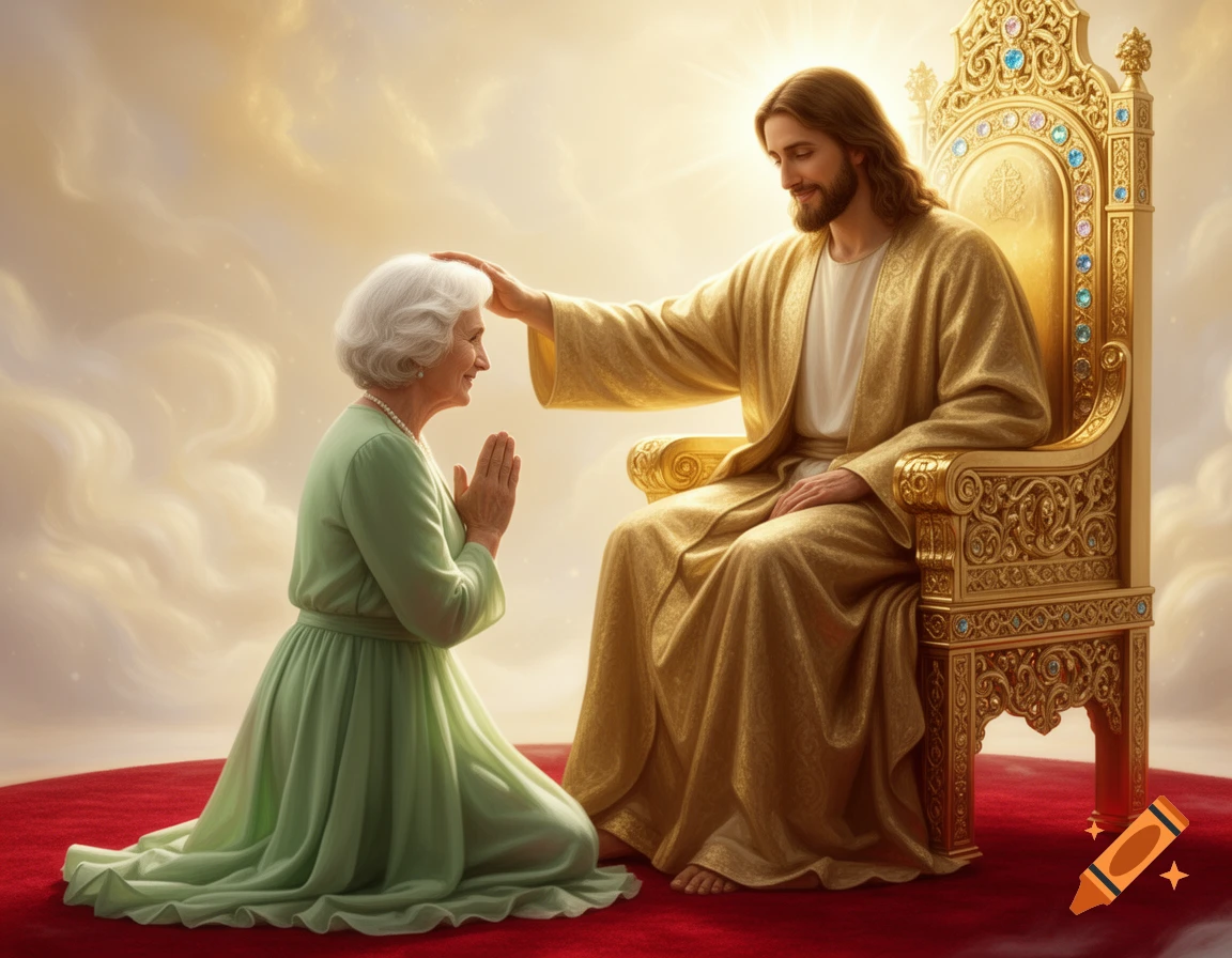 An older lady with white hair kneels and prays before Jesus, who sits on a golden throne and gently touches her head.