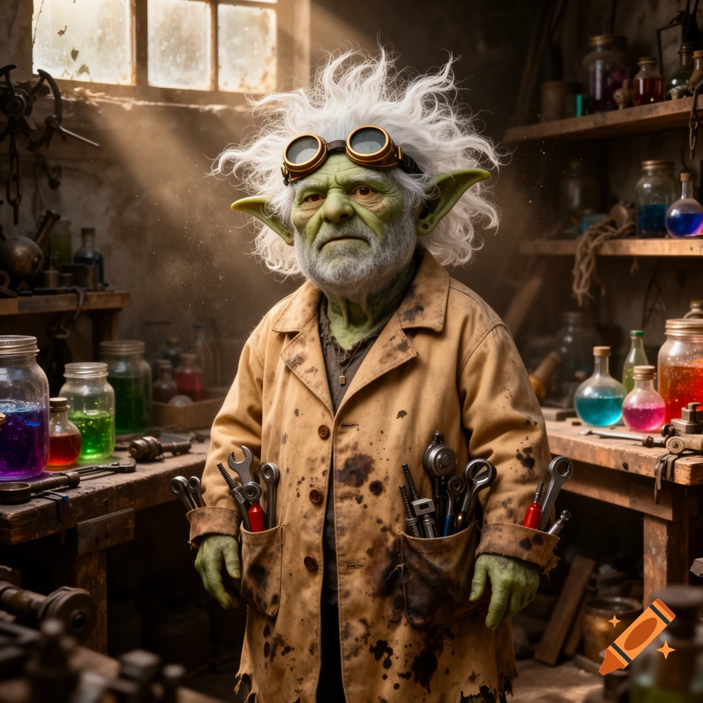 An elderly green-skinned goblin with wild white hair and brass goggles stands in a messy, sunlit workshop, tools protruding from his dirty tan coat.
