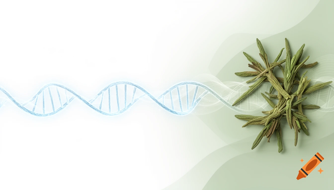 Abstract banner with glowing blue DNA helix on white, transitioning to organic green herbs on a sage-green background.