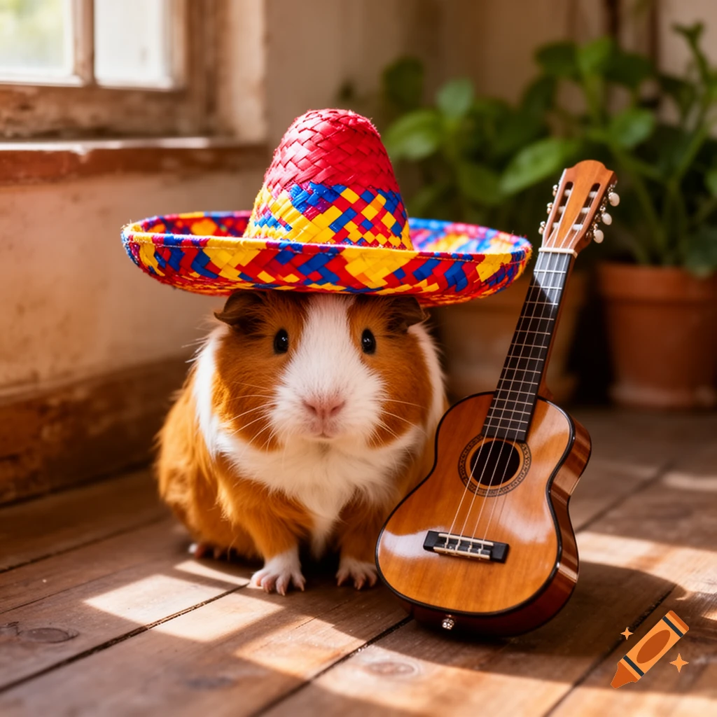 A cute guinea pig wearing a colorful Mexican sombrero sits next to a small acoustic guitar on a wooden floor.