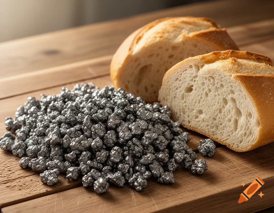 A pile of silvery, lumpy metal pieces resembling ground meat next to two halves of a fresh bread roll on a wooden board. Photorealistic.